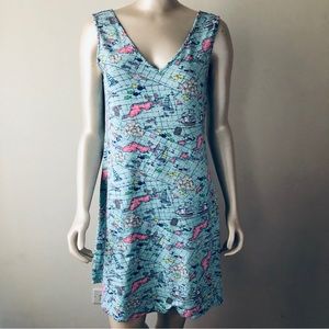 Vineyard Vines Performance BVI Map Blue Print Swim Sleeveless Swing Dress - S